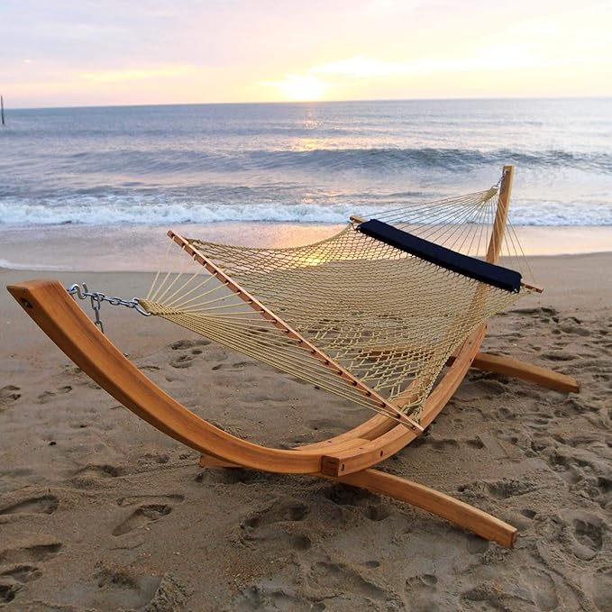 Nags Head Hammocks Double Tan DuraCord Rope Hammock – 13 ft. x 55 in., 2-Person, 450 lb Capacity, Cumaru Spreader Bar, Galvanized Hardware, Handcrafted in USA, Free Chains & Tree Hooks