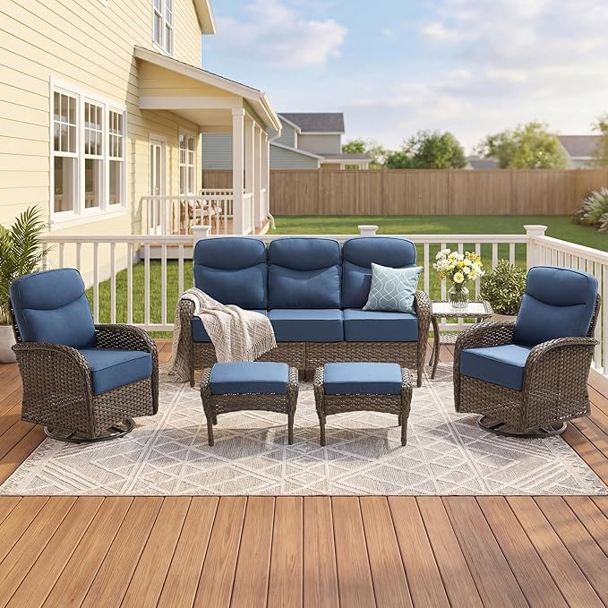 Outdoor Swivel Rocking Chair Patio Set (6-Piece), High-Back - Thick Cushion Swivel Rocking Chair Patio Set, All-Weather Wicker Patio Furniture Set, Suitable for Balcony Patios, Brown/Blue