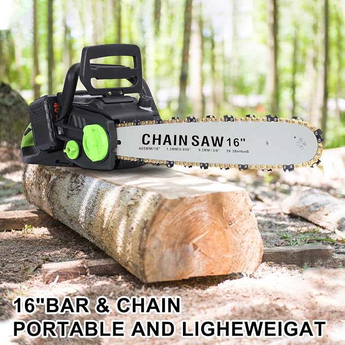 16 Inch Cordless Chainsaw - Brushless Electric Chainsaw Kit with 2 Battery & Charger, Hand Held Battery Powered Chain Saw for Wood Cutting, Logging, Tree Trimming, Green & Black, CB9E4550513