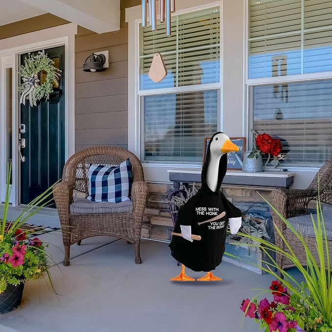CAMDUCK Porch Goose Outfit Hoodie Mess with The Honk You Get The Bonk Baseball Goose Clothes with Wood Bat Warning Porch Sign for Plastic Cement Goose Statue Garden Lawn Yard Patio Outdoor Decor