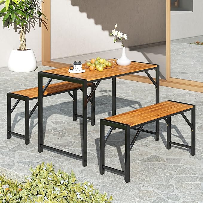 Tangkula 3-Pieces Patio Dining Set for 4 People, Outdoor Picnic Table & 2 Benches, 44" Acacia Wood Dining Table w/Metal Frame, Space-Saving Dinette Set for Garden Porch Poolside Yard Balcony