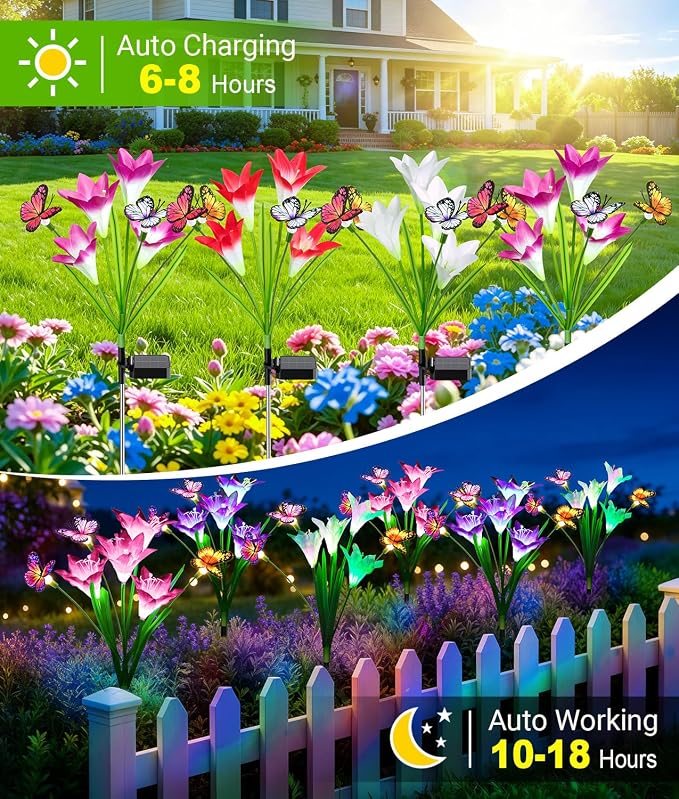 KOOPER Solar Lights Outdoor Garden Decor 6 Pack, 24 Lily Flowers and 18 Swaying Butterflies, IP65 Waterproof 7 Color Changing Solar Flower Lights for Yard Patio Pathway, Gifts for Mom Women Grandma