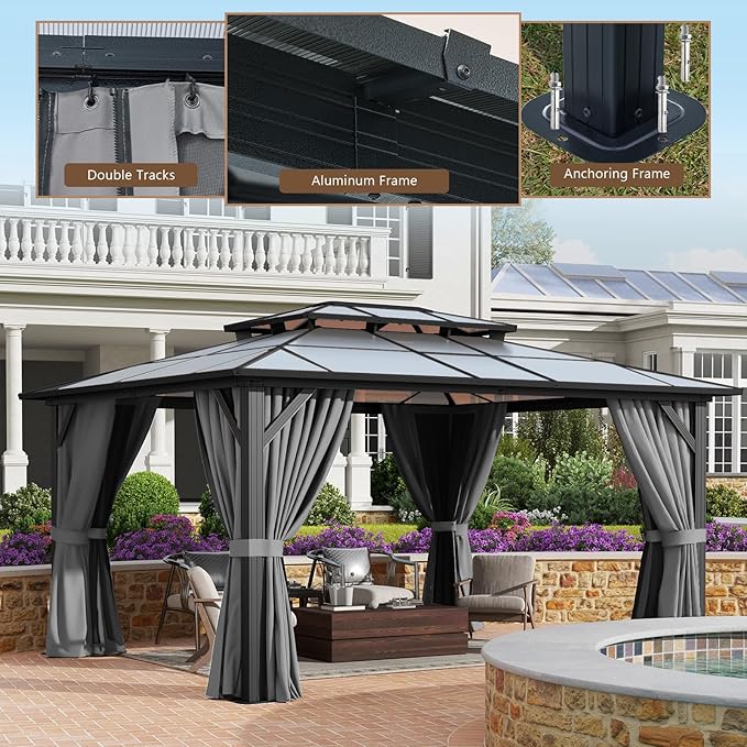 12’x14’ Hardtop Gazebo with Double Polycarbonate Roof Outdoor Metal Gazebo Sturdy Aluminum Frame & Removable Curtains, Netting Permanent Pavilion Pergola for Garden,Patio,Lawn (Gray)