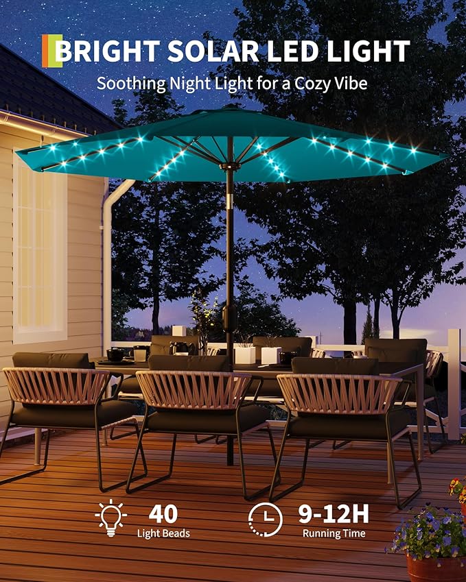 10FT Patio Umbrella with Solar Lights, Outdoor Table Umbrella with Tilt & Crank, 8 Ribs Waterproof UV Protected for Pool, Deck, Backyard, Turquoise Blue