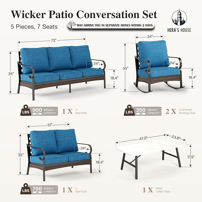 HERA'S HOUSE 5 Piece Metal Patio Furniture Set, 7 Seats All Weather Outdoor Conversation Set, 3 Seat Sofa with Loveseat, 2 Rocking Chairs, Coffee Table for Backyard, Garden, Deck, Pacific Blue