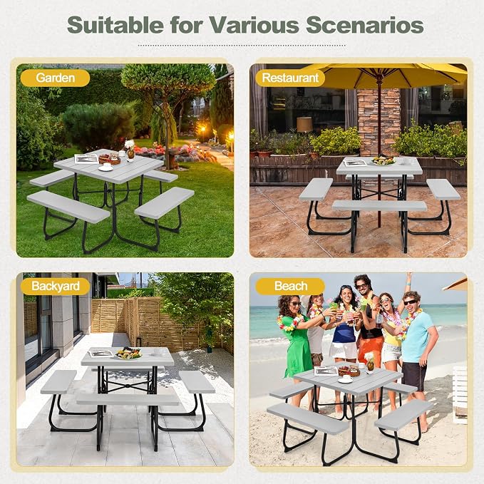POWERSTONE Picnic Tables with Benches for 8, Outdoor HDPE Picnic Table with Umbrella Hole, Heavy Duty 35" Portable Dining Set Camping Table for Backyard, Patio, Park(Grey)