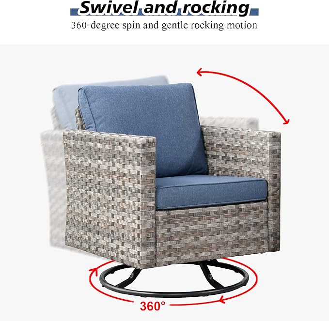 HOOOWOOO Outdoor Patio Sectional Furniture Sofa Set with Fire Pit Table,10 Piece Modern Wicker Couch with Swivel Chairs,Modular Conversation Seating Set with Widened Armrest for Garden(Denim Blue)