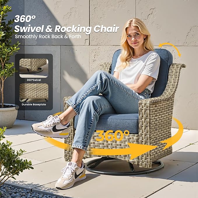 Outdoor Patio Furniture Sets,11 PCS Patio Conversation Set Outside Rattan Sectional Sofa with 54 in Fire Pit Table Wicker Rocking Chair Coffee Table Fit Backyard Porch Garden Poolside Balcony