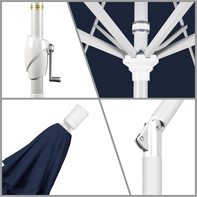 California Umbrella 9' Round Aluminum Market Umbrella, Crank Lift, Push Button Tilt, White Pole, Navy Blue Olefin