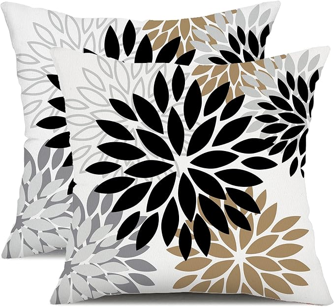DFXSZ Outdoor Waterproof Pillow Covers 22x22 Set of 2 Black Brown Flower | Spring Summer Waterproof Flower Throw Pillowcases（No Inserts）Outdoor Decor for Patio Funiture Garden Polyester Covers