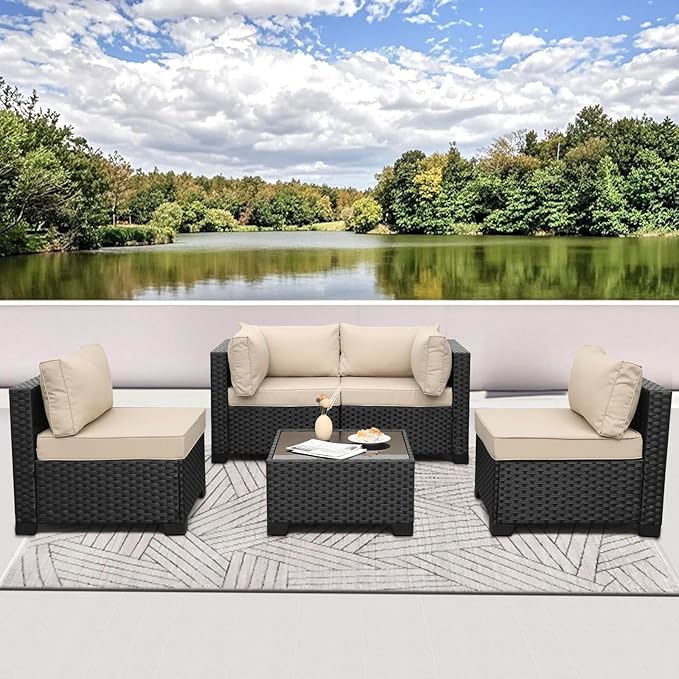 WAROOM Outdoor 5 Piece Patio Furniture Set, Black Rattan Conversation Couch Resin Wicker Sectional Sofa Outside Chair with Coffee Table, Khaki Cushion