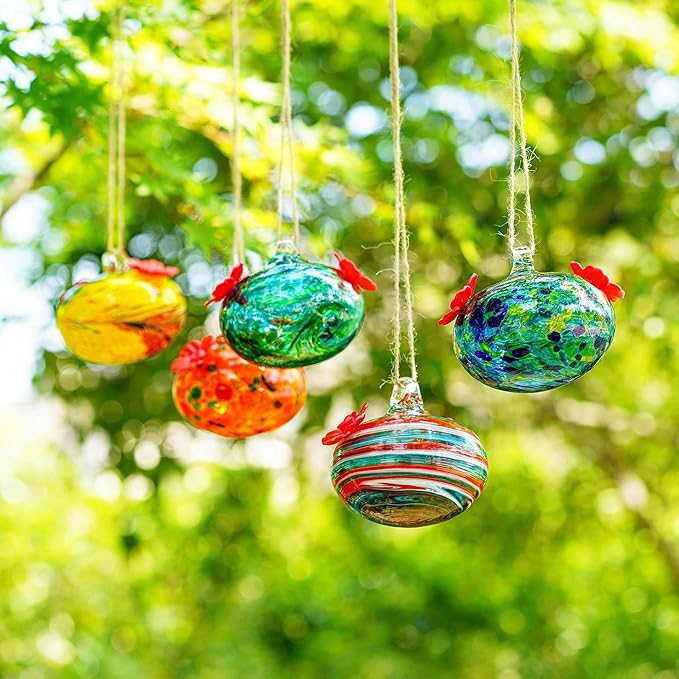 Small Glass Hummingbird Feeders for Outdoors 3in Hanging Blown Glass Ball Humming Birds Feeder with 2 Feeding Ports for Outside Garden Patio Decor for Window