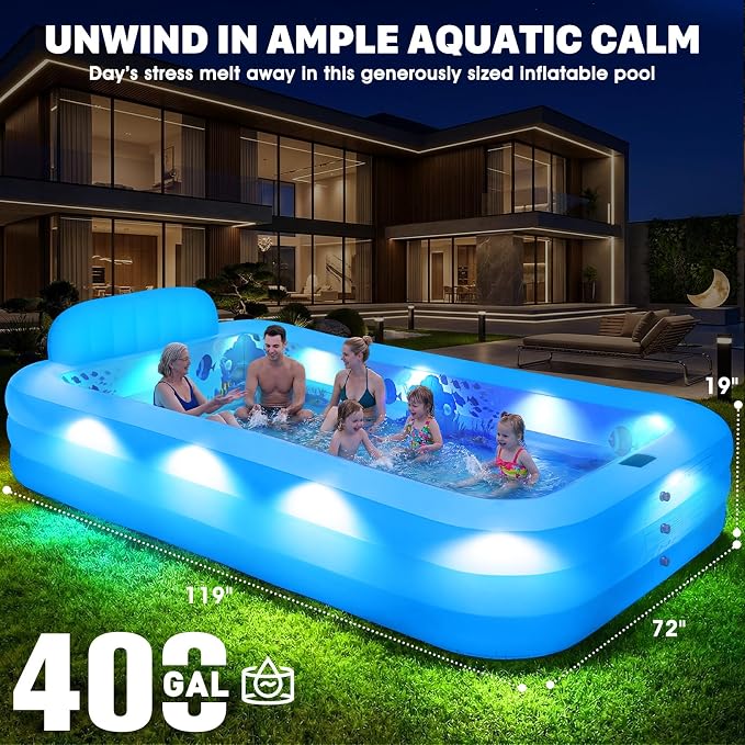Extra Large Inflatable Pool with Lights,Upgraded Solar Powered Blow Up Pool for Adults,Inflatable Kids Swimming Pool with Seat& Backrest,Big Inflatable Kids Pool for Backyard,119x72x19IN