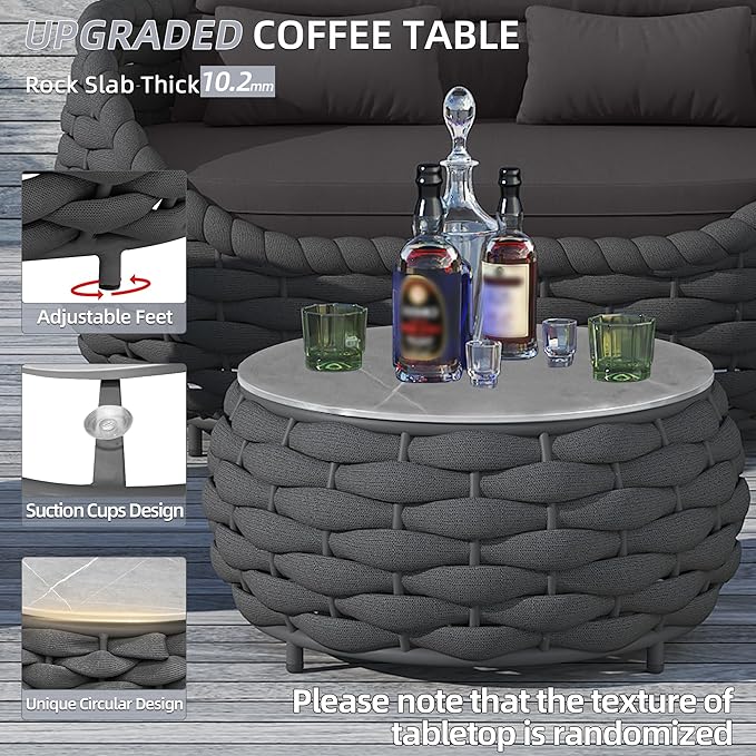 TWT 6 Pieces Patio Furniture Set Outdoor Rope Conversation Sectional Patio Sofa with 6 Seater for Backyard, Porch, Modern Armchairs with Thickness Cushions and Side Table, Dark Grey