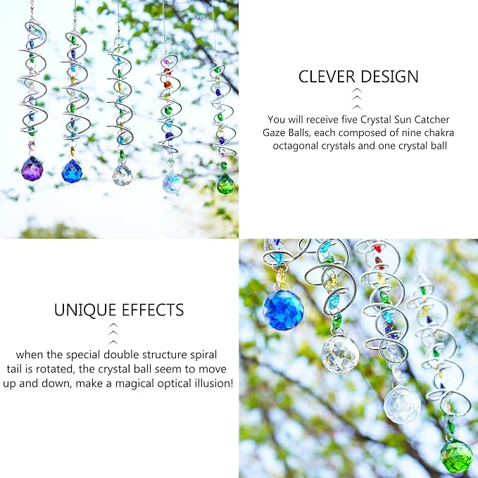 5 Pack Crystal Gazing Ball Spiral Wind Spinner Garden Decor | Crystal Suncatcher Wind Spinner with Spiral Tail Gazing Ball Hanging for Indoor Outdoor Garden Patio Yard Home Decor