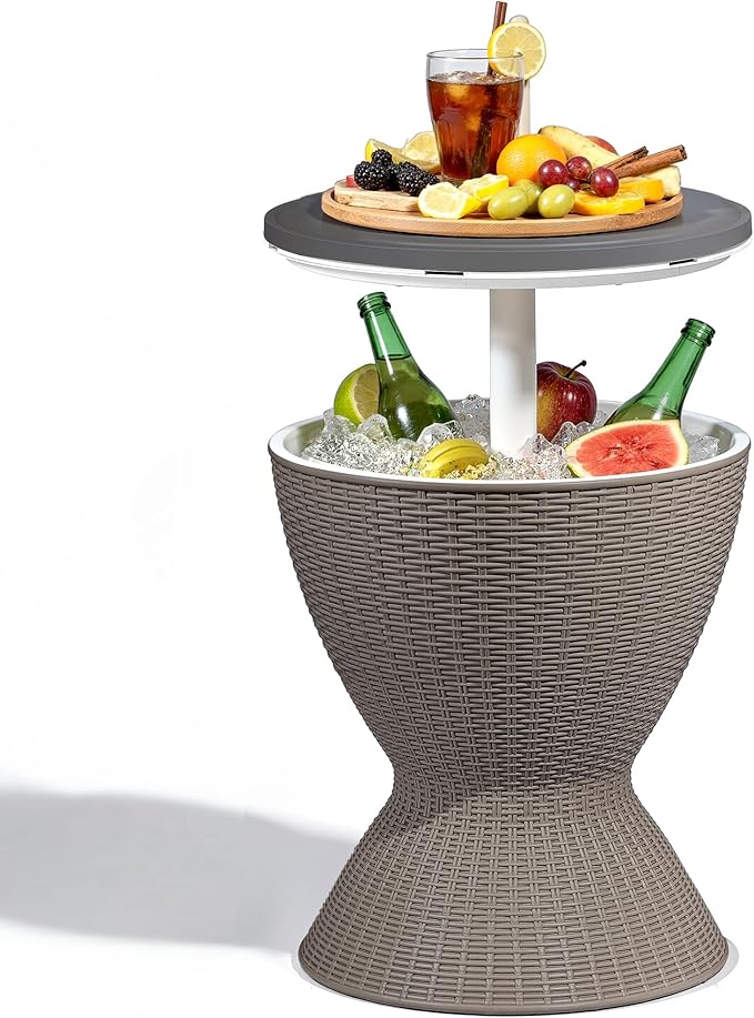 ROJIK 3-in-1 Resin Ice Bucket & Beverage Cooler – Wood Look Patio Table, UV Protection & Drain Plug for Outdoor Parties, Bars, and Poolside Use