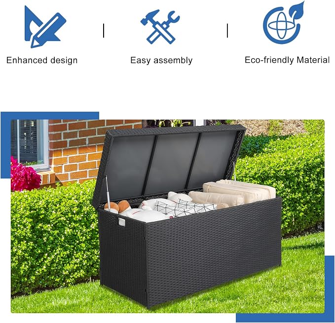 Outdoor Wicker Patio Deck Storage Box, 132-Gal Rattan Pool Storage Box with Lid, Garden Deck Bin Storage Bench Deck Box for Storing Tools, Accessories and Toys (132 Gallon, Black)