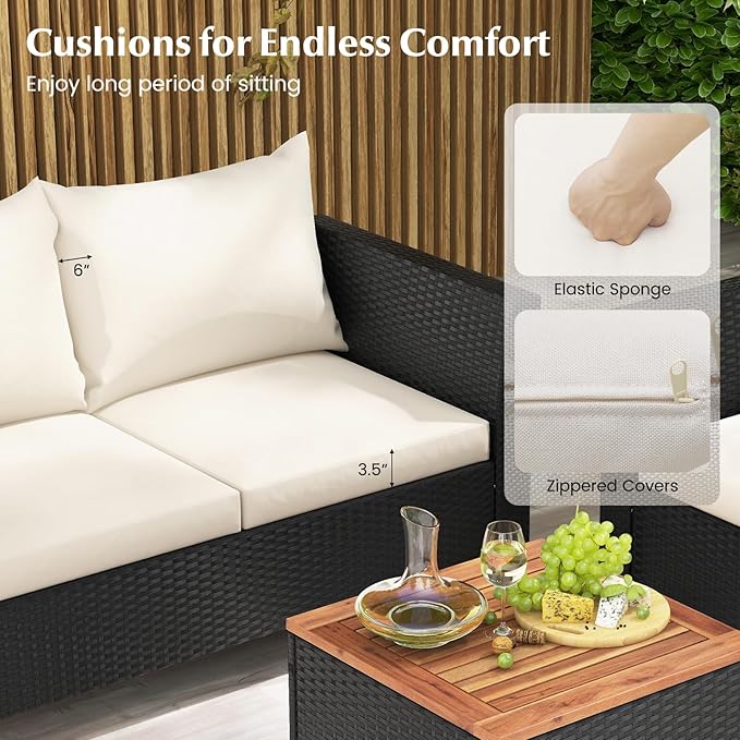 Tangkula 8 Piece Outdoor Conversation Set, Patio Cushioned Chairs w/Storage Coffee Table, Acacia Wood Tabletop & Chair Legs, Patio Wicker Furniture Set for Poolside, Lawn, Porch (2, Off White)