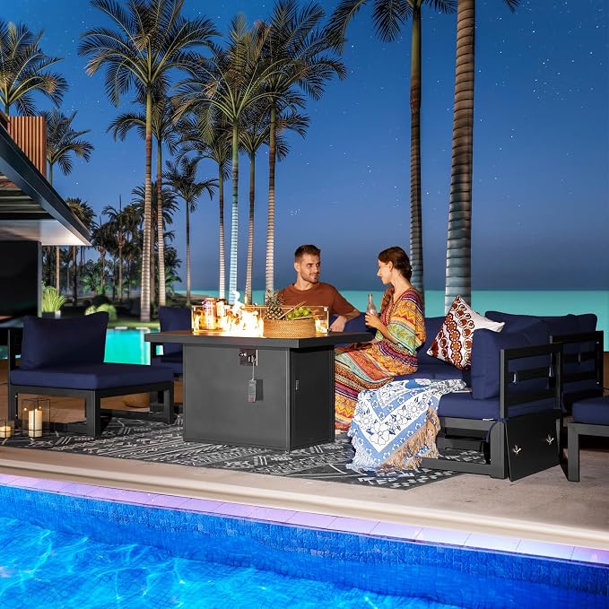 RADIATA 9 Piece Large Modern Aluminum Outdoor Patio Furniture Set with Fire Pit Table, 29" Wide Deep Seat, Rust Proof Comfy Sectional Sofa with Coffee Table, 500 lbs Sturdy Conversation Set, Navy Blue