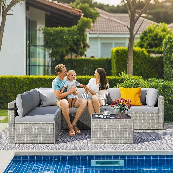 7-Piece Outdoor Sectional Sofa Set, Weather-Resistant Patio Furniture Set with Washable Cushions and Coffee Table, Grey Rattan Patio Conversation Set for Poolside, Backyard, Deck (Grey)
