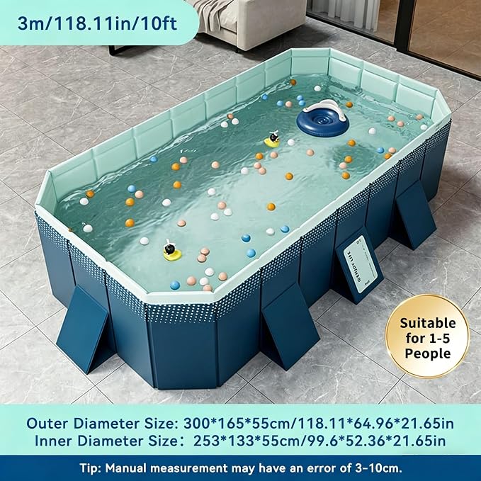 Foldable Swimming Pool, Rectangular Above Ground Swimming Pool for Outdoor Family Square Pool with Drain Plug and Drain Hole, Easy to Assemble Pool for Kids, Pets and Dogs(116" L x 65" W)