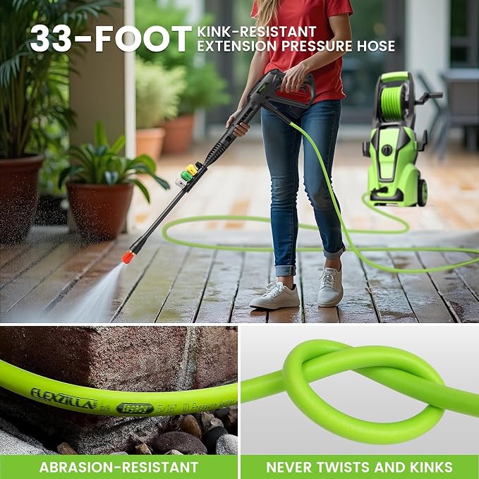 Electric Pressure Washer Adjustable 5000PSI 4.0 GPM High Power Washers with 33ft Hose Reel, 4 Nozzle and Foam Cannon, Power Washers Machine for Home, Cars, Patio (Green)