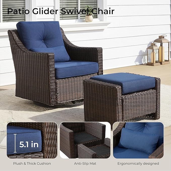 CHITA 5 Pieces Swivel Wicker Patio Furniture Set, Outdoor Conversation Set with 2 Pieces Rattan Rocking Swivel Chairs, 2 Pieces Ottomans, Thickened Cushions and Side Table