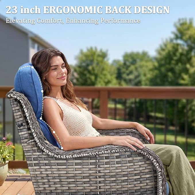 Luxury Swivel Rocker Chairs Set with 6" Thick Cushion 3 piece Wicker Outdoor Swivel Rocker Patio Chair with Side Table High Back Comfortable Outdoor Patio Furniture Set - Gery | Blue