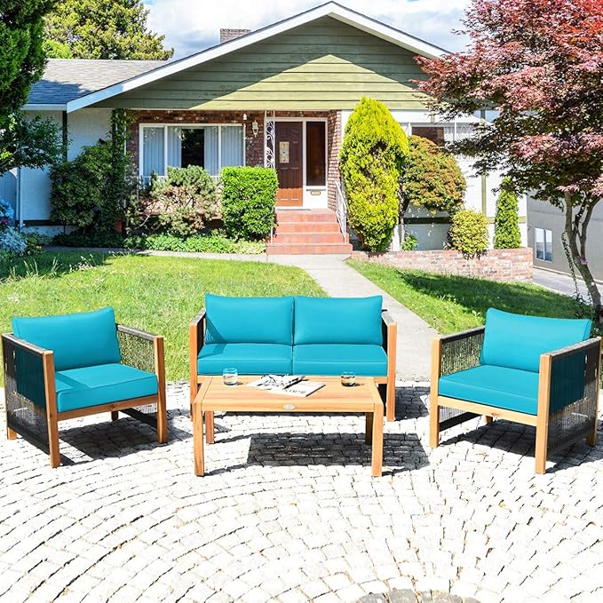 Tangkula Outdoor Wood Furniture Set, Acacia Wood Loveseat Sofa, 2 Single Chairs and Coffee Table, 4 Pieces Conversation Set with Cushions, Garden Balcony Poolside Outdoor Living Set (1, Turquoise)