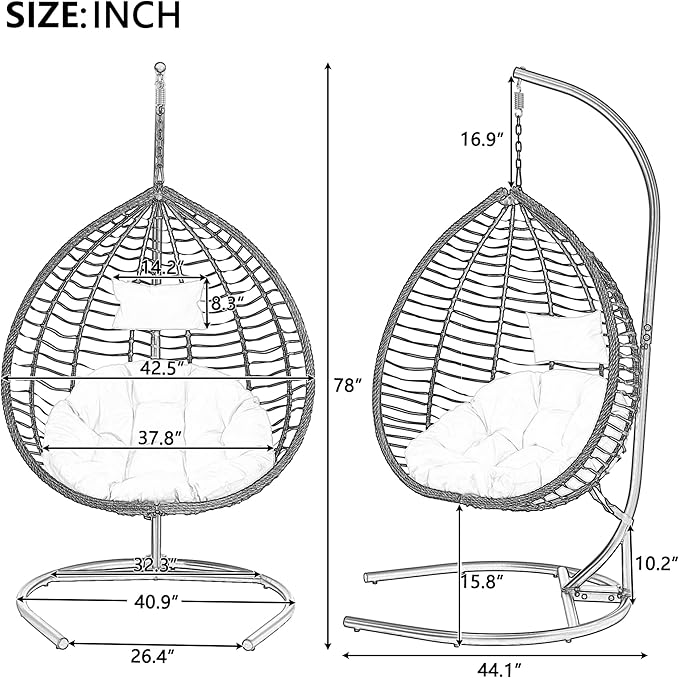 Folding Egg Chair, Outdoor Hanging Hammock Chair with Stand, Patio Wicker Hanging Chair with Iron Frame and Plush Cushion & Removable Headrest for Bedroom, Balcony, Garden (BlackGrey-A)