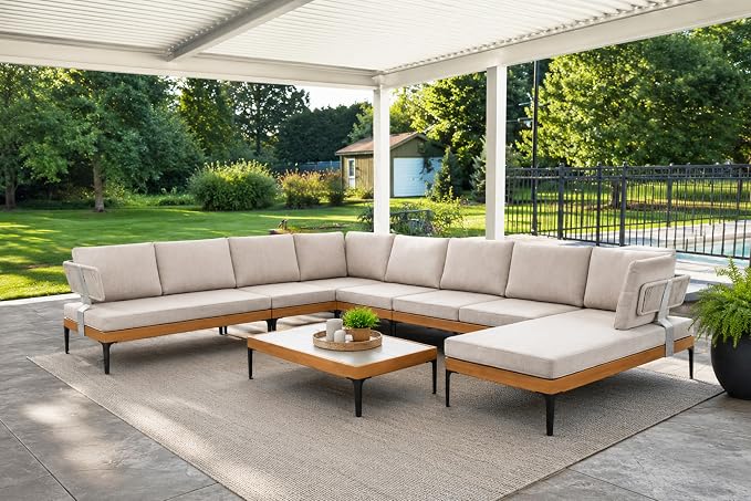 PURPLE LEAF Patio Furniture Set Outdoor Sectional Sofa with Coffee Table Cushions and Pillows Wicker U-Shaped 9 Pieces Aluminum Conversation Sets for Balcony Yard Poolside Garden, Oatmeal Greige