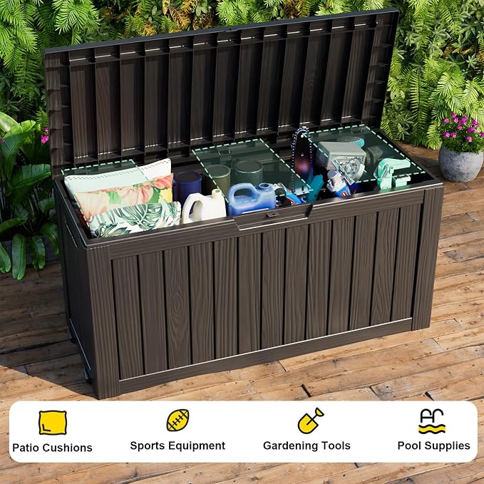 Outdoor Waterproof Resin Storage Deck Box Lockable Outside Bench UV Resistant Bin Patio Porch Furniture Pool Float Garden Tool Cushion (Black, 85 Gallon)