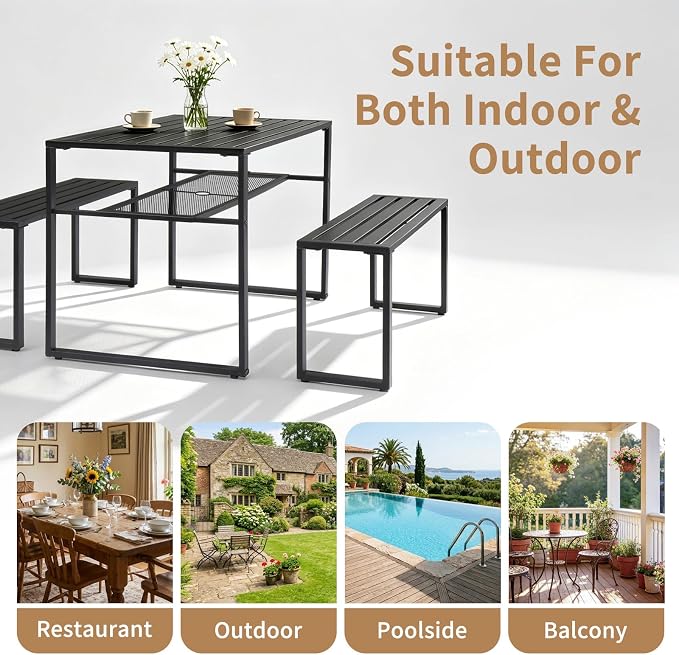 Outvita 49" Outdoor Matel Picnic Table and Bench Set with 2" Umbrella Hole and Storage Shelf, Patio Dining Set for 4 People, Outdoor Dining Table and Chair for Garden, Yard, Porch