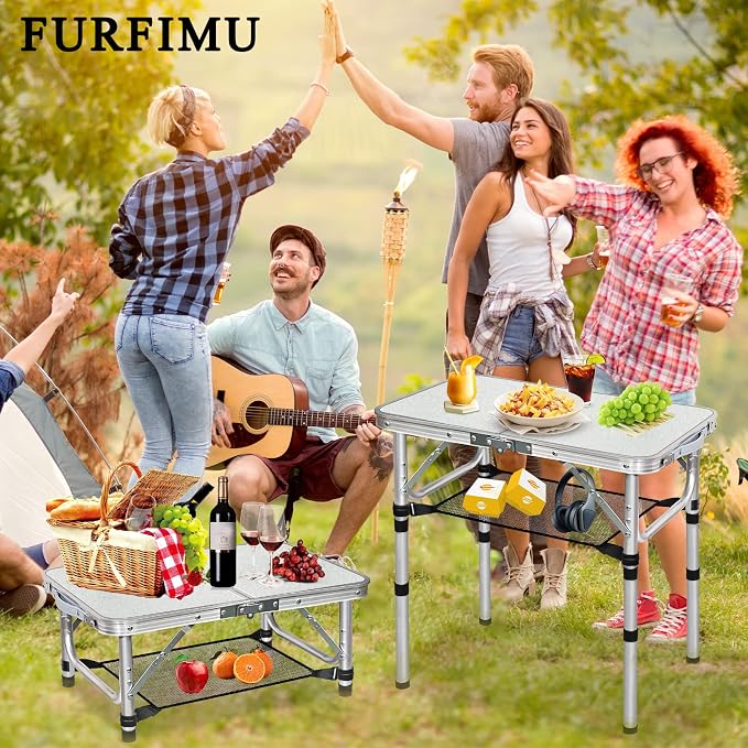 Small Folding Table with Storage Net, 24" x 16" Portable Foldable Camping Table with 3 Adjustable Height, White Metal Table for Beach, Patio, BBQ