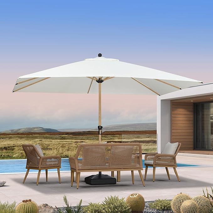 PURPLE LEAF 9' x 12' Patio Umbrella with Base Outdoor Umbrella Market Umbrella with Crank & 8 Ribs Aluminum Rectangular Table Umbrella Outdoor Patio for Backyard, Cream