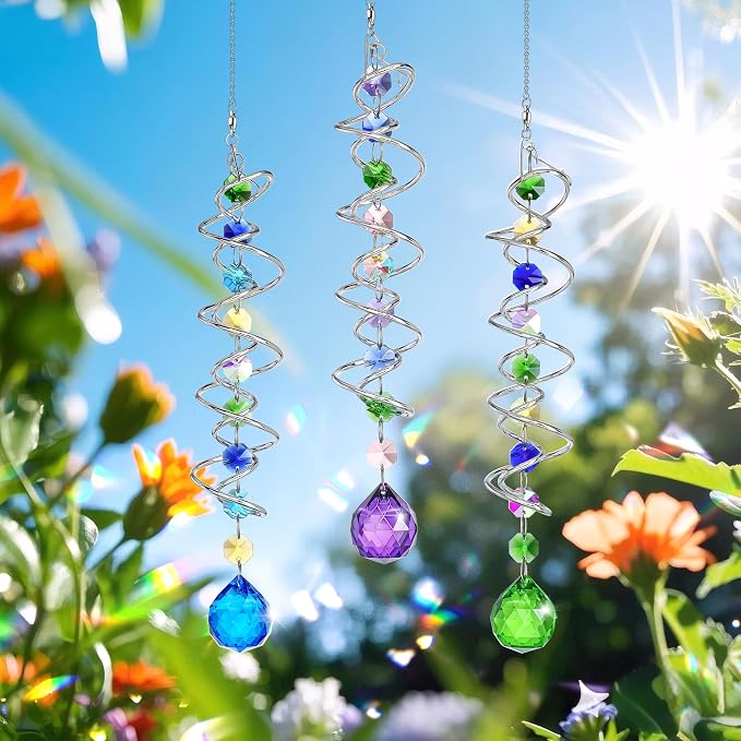 5 Pack Crystal Gazing Ball Spiral Wind Spinner Garden Decor | Crystal Suncatcher Wind Spinner with Spiral Tail Gazing Ball Hanging for Indoor Outdoor Garden Patio Yard Home Decor