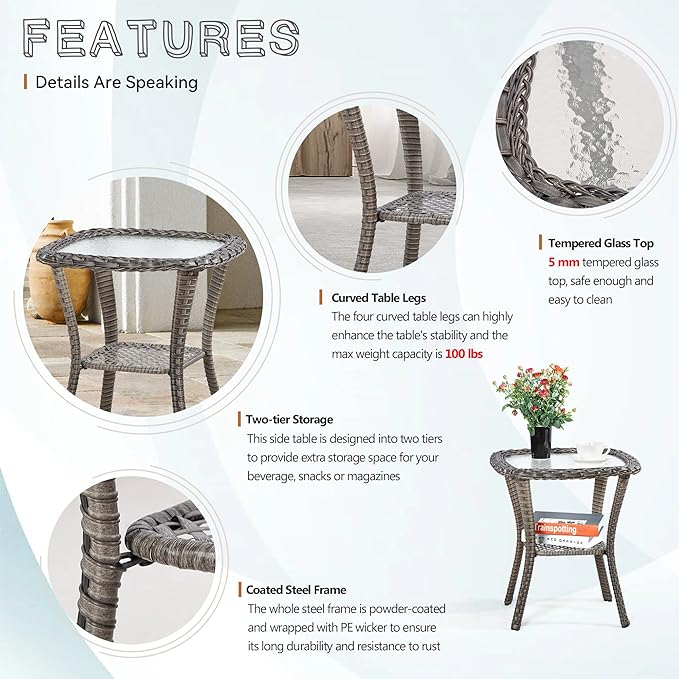 Wicker Chair Set 3-Piece Wicker Outdoor Furniture Conversational Sets with Two Armchairs & One Rattan Side Table, Olefin Cushions Included, Beige