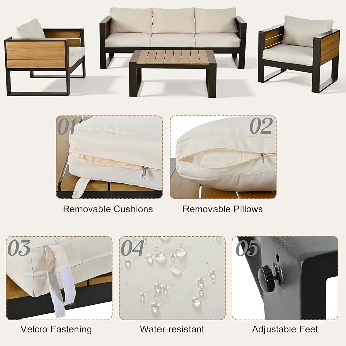 4-Piece Aluminum Frame Outdoor Patio Furniture Set for 5 Person, 3-Seater Sofa, 2 Armchairs with Fold-Out Side Tables, Modern Garden/Patio Seating, All-Weather Use, Beige Cushions