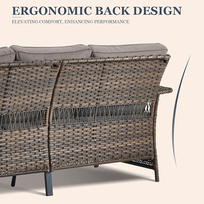 Wicker Patio Furniture Set - Sofa With 2 PE Rattan Ottomans, Brown Wicker Grey Cushions - 3pcs Conversation Set for Garden, Balcony, Sunroom, Backyard, Deck, Poolside