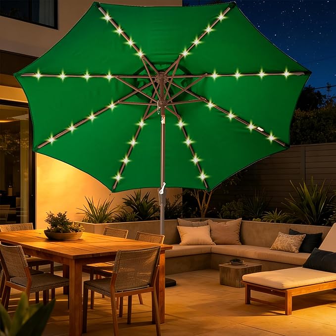 9FT Solar-Powered LED Patio Umbrella with Tilt Crank,Outdoor Market Umbrella with 32 Lights,Sunshade for Deck, Garden and Pool