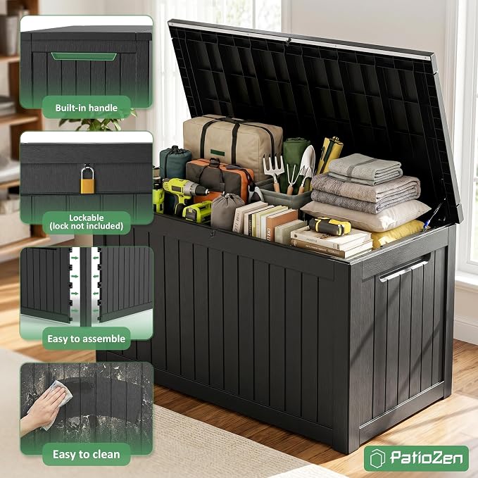 PatioZen 310 Gallon Deck Box Outdoor Storage Box, Waterproof and UV Resistant, Lockable&Resin for Patio Cushions Storage Furniture, Garden Tools, Pool Supplies(Black, 310 Gallon)