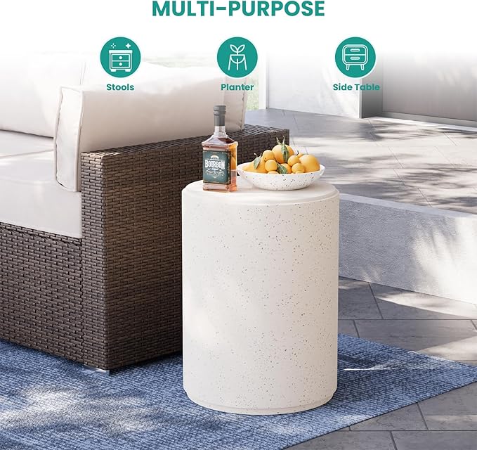 SUNBURY Outdoor Concrete Side Table, 20" H Outdoor End Tables, Cement Accent Table for Patio, Round Modern Garden Small Garden Stool for Patio, Backyard, Spotted White