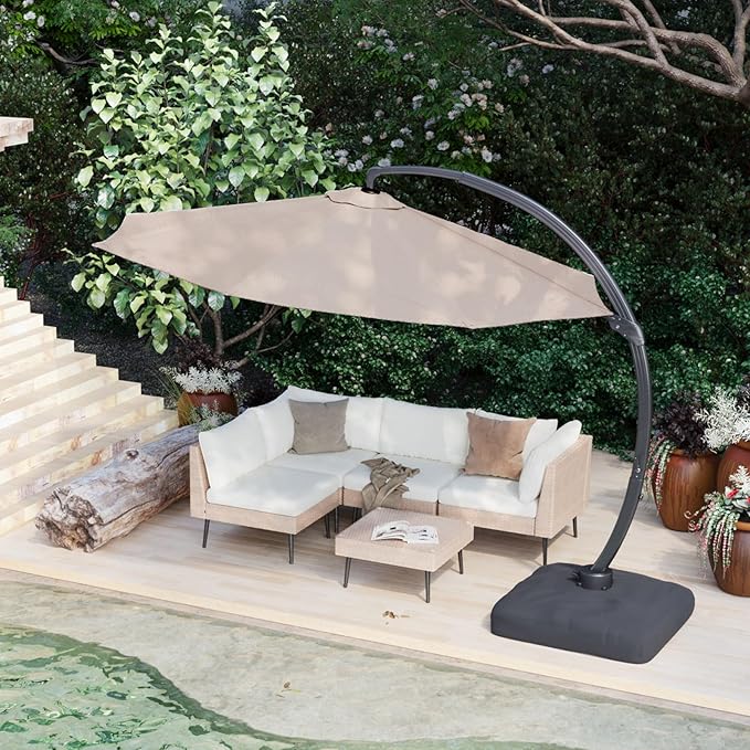 ENSTVER 11FT Cantilever Patio Umbrella With Base Included, Round Large Aluminum Outdoor Cantilever, Heavy Duty Offset Umbrella with 360°Rotation for Pool, Deck, Backyard, Garden(Champagne)