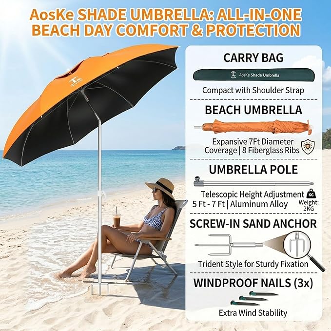 7ft Beach Umbrella, Portable Wind Beach Umbrellas for Sand with Anchor and Carrying Bag, UPF50+ UV Protection Outdoor Sunshade Umbrella,Tilt Sun Shelter for Beach Patio Backyard