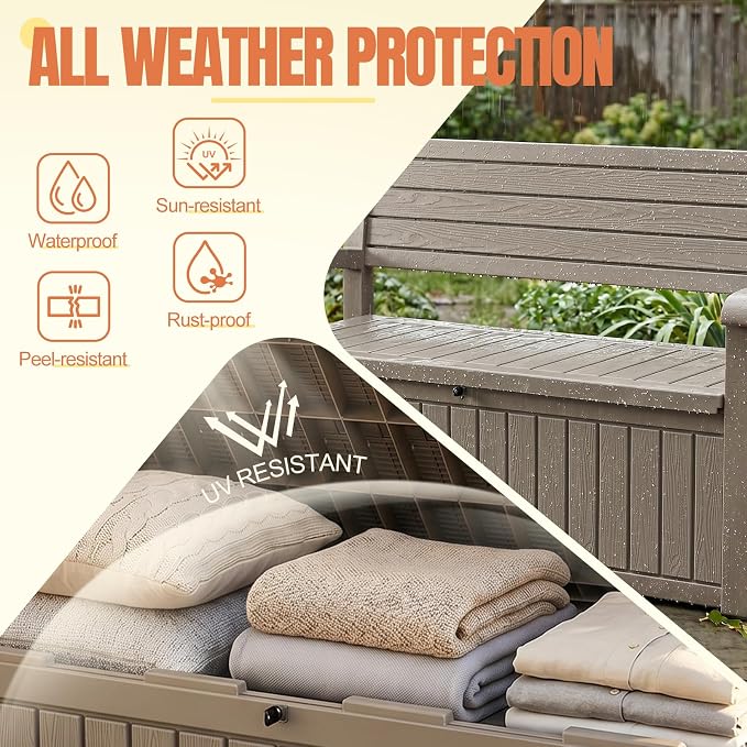 Storage Bench Outdoor Deck Box,100 Gallon Waterproof & UV Resistant Lockable Patio Furniture Seating.Indoor/Outdoor Shoe Storage Cabinet for Garden Cushions,Tools,Patio,Pool Supplies(Taupe)