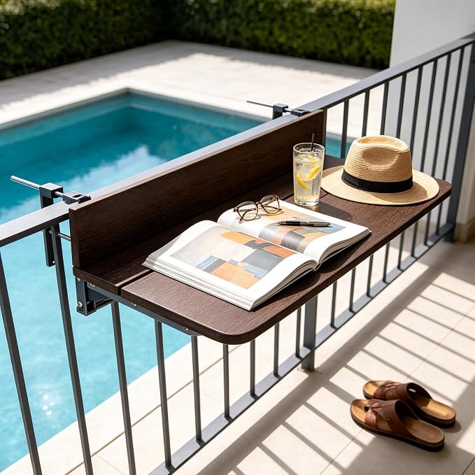 Balcony Bar Table for Railings, Outdoor Hanging Folding Adjustable Height Deck Rail Table for Patio, Garden, Rustproof Aluminum Alloy Frame,Weather Resistant, Easy Assembly