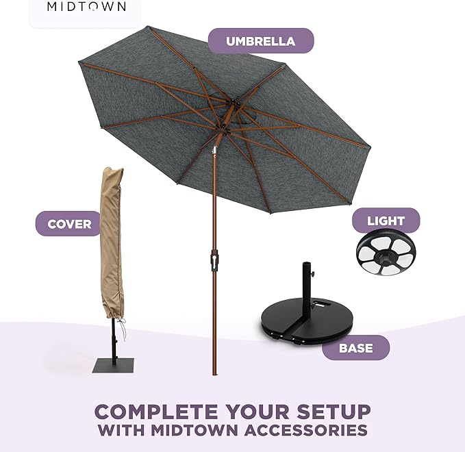 Midtown Umbrellas Wooden 2-10 Ft Patio Umbrella with 360° Swivel & Tilt Mechanism, 8 Fiberglass Ribs & Terylast Polyester Fabric for Deck, Pool, Garden & Porch - Greige Canopy, Wooden Pole