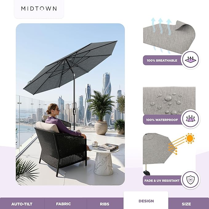 Midtown Umbrellas – The Swilt 9 Ft Patio Umbrella with 360° Swivel & Tilt Mechanism, Sunbrella Fabric & 8 Fiberglass Ribs – Outdoor Umbrella for Deck, Pool & Cafes – Cast Slate Canopy, Black Pole