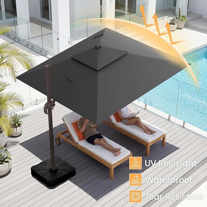 HASLE OUTFITTERS 10x10 FT Patio Cantilever Umbrella with Base, Outdoor Offset Large Rectangular Heavy Duty Double Top Umbrellas with 360° Rotation for Pool Garden Deck，Grey
