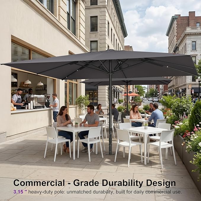 PURPLE LEAF 16' x 13' Rectangular Semi-Auto Outdoor Patio Umbrella Aluminium Market Umbrella Table Sun Umbrella with 3.15" Rod and 8 Sturdy Ribs for Deck Lawn Pool Garden, Gray